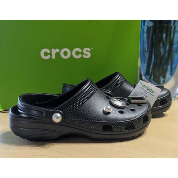 CROCS Classic Black Shimmer Picture Frame Clogs Women's Size 8 NWT - Picture 2 of 12